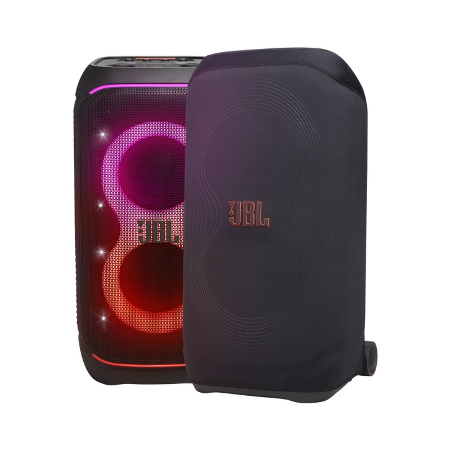 Un altoparlante JBL nero con una custodia. L'altoparlante si illumina di rosso e viola. La custodia ha il logo JBL.