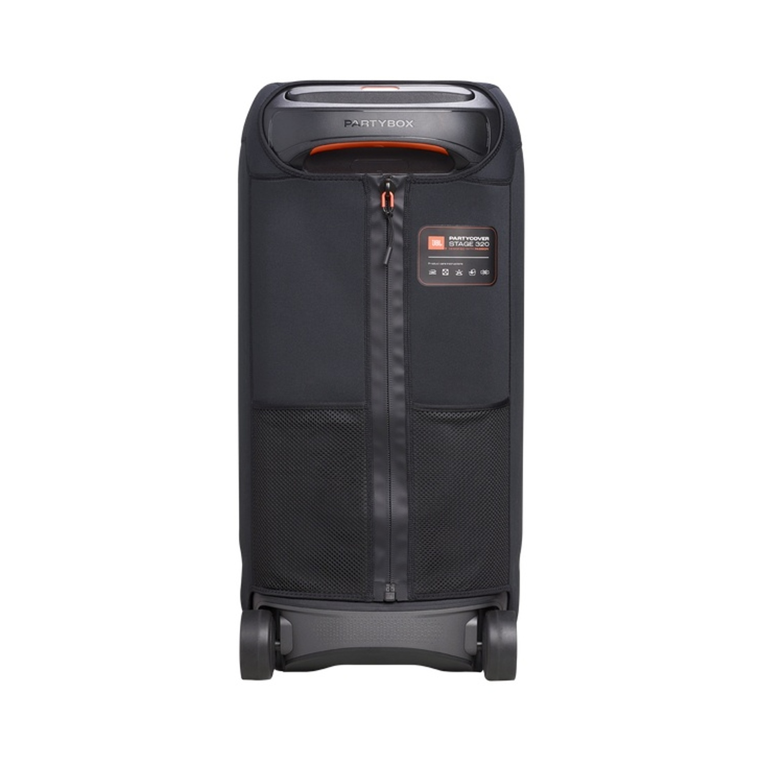 Altoparlante nero JBL PartyBox Stage 320 con ruote, cerniera e tasche a rete. Dettagli arancioni e logo JBL visibili.