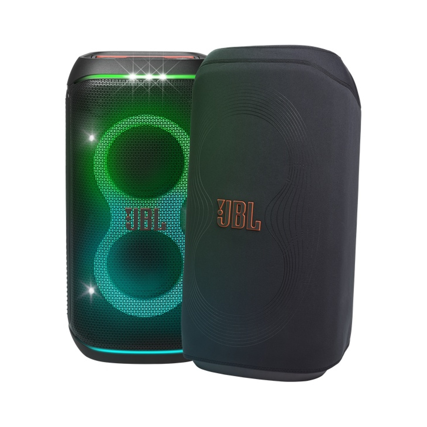 Un altoparlante JBL nero con luci verdi e blu, accanto a una copertura per altoparlanti nera. Il logo JBL è visibile.