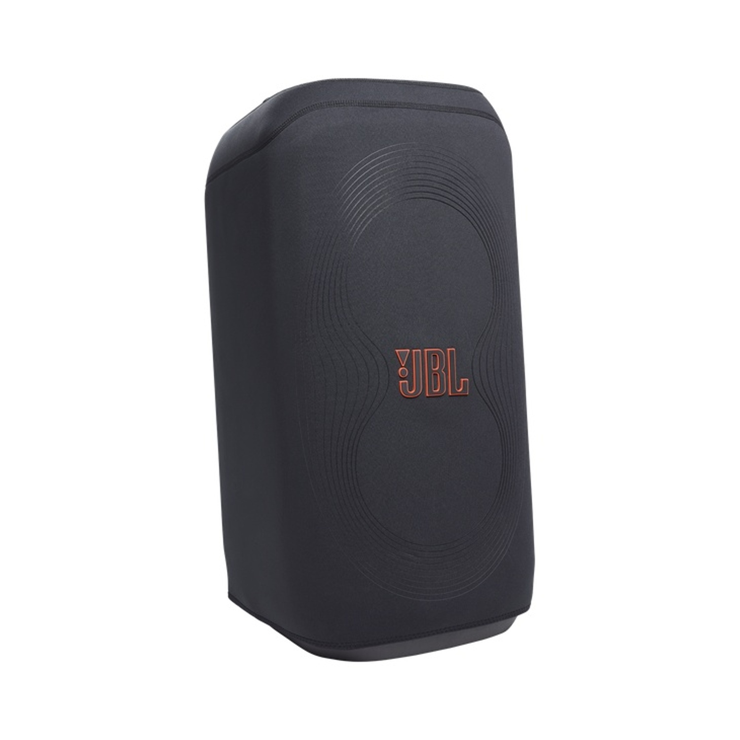 Un altoparlante JBL nero su sfondo bianco. Il logo è color rame. L'altoparlante ha un design curvo con dettagli strutturati.