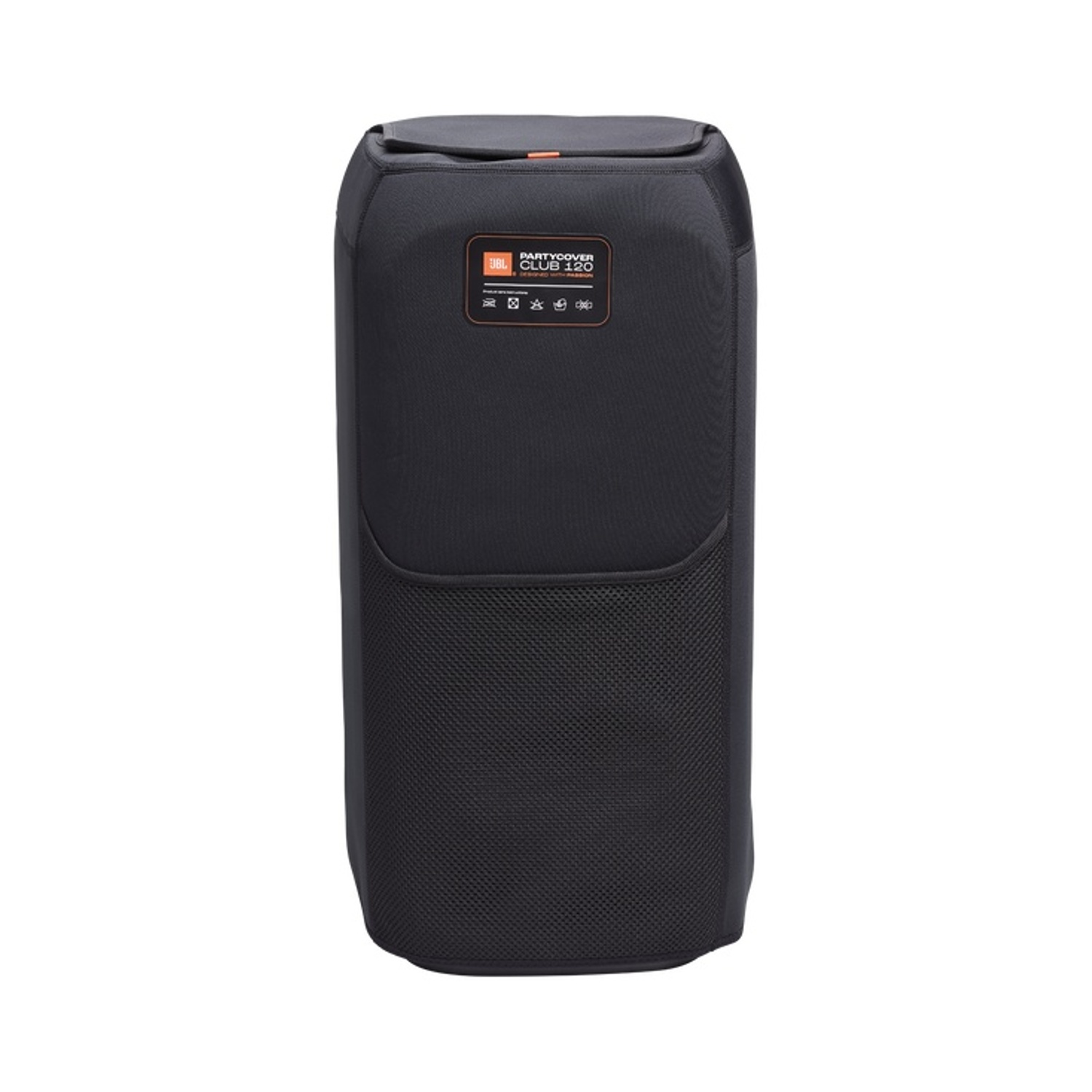 JBL PartyCover nero per altoparlante Club 120. Ha una forma rettangolare con una trama a rete nella parte inferiore e un logo in alto.