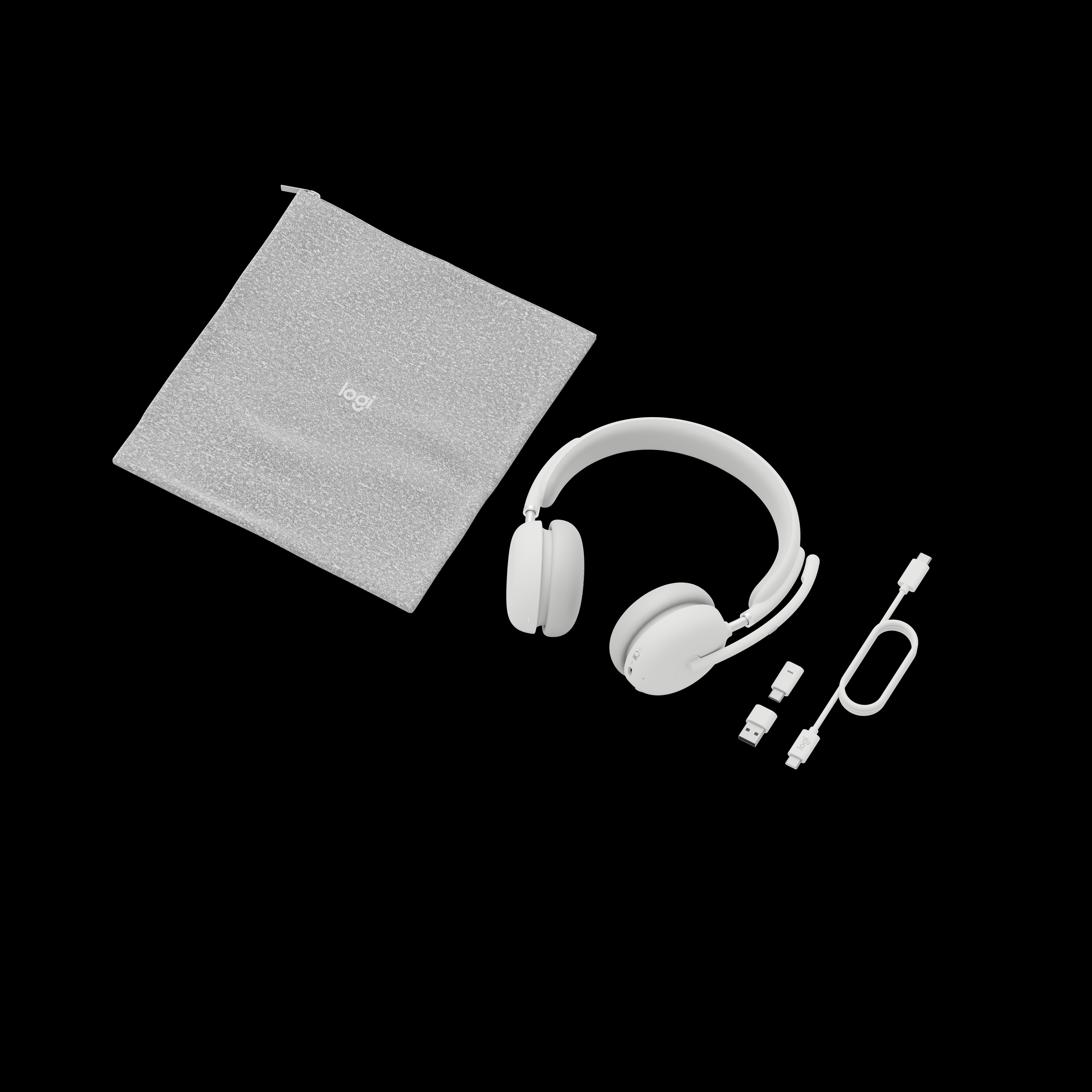Weiße Kopfhörer, ein grauer Beutel mit dem Logitech-Logo und weiße Kabel auf schwarzem Hintergrund.