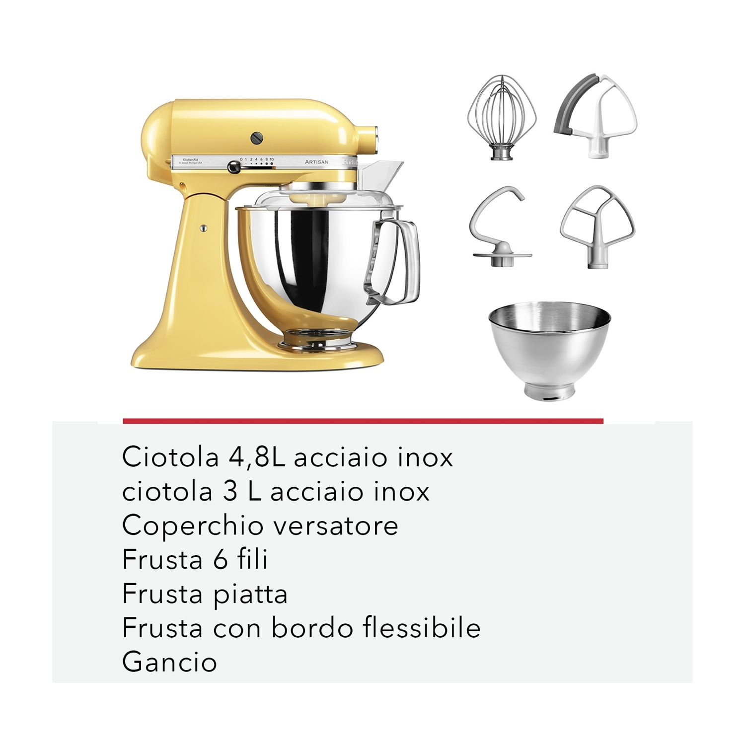 Un robot da cucina giallo con accessori. Vengono mostrate varie parti del mixer, una ciotola in acciaio inossidabile e testo in italiano.
