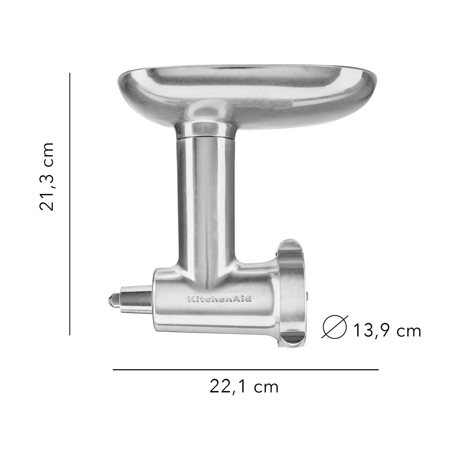 Un accessorio tritacarne KitchenAid. È argentato, con dimensioni di 21,3 cm di altezza, 22,1 cm di larghezza e 13,9 cm di diametro.