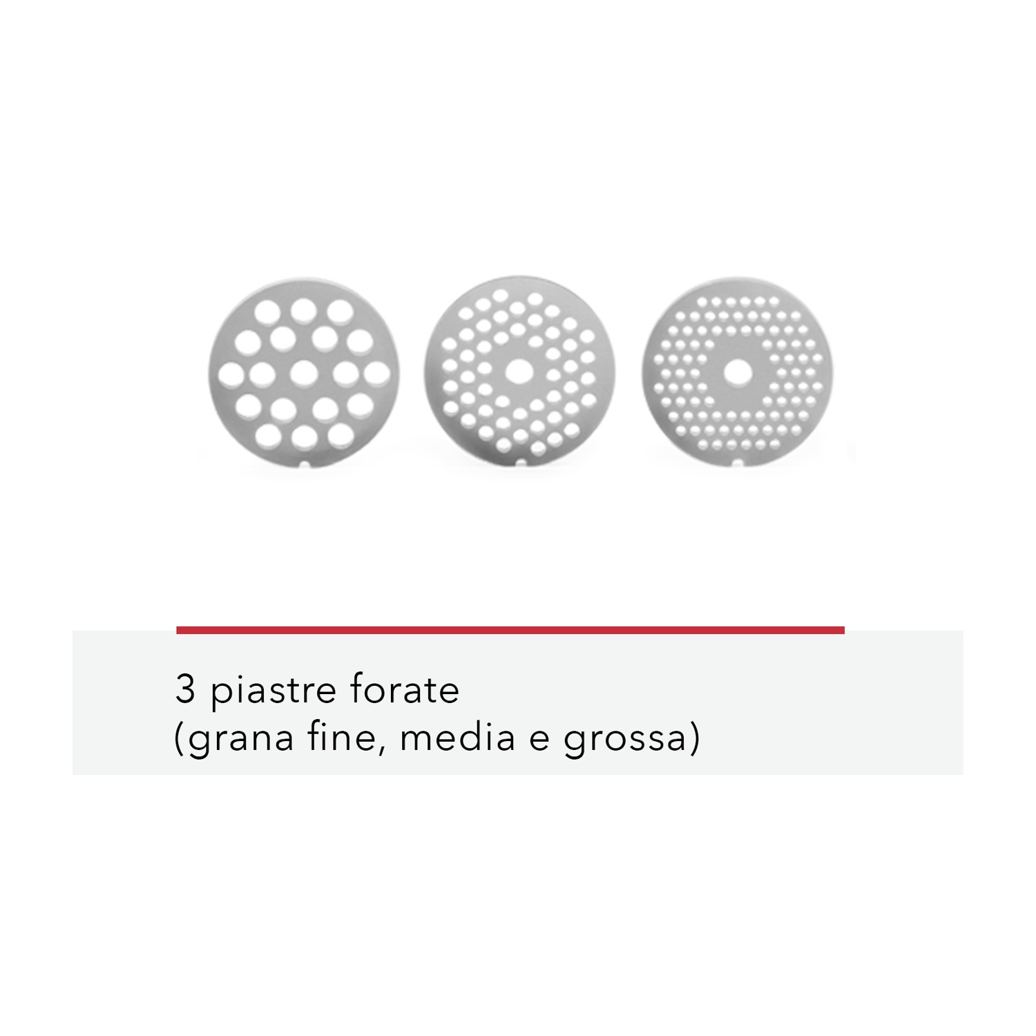 Tre piastre forate con fori di diverse dimensioni su sfondo bianco. Testo sotto: fine, media e grossa.