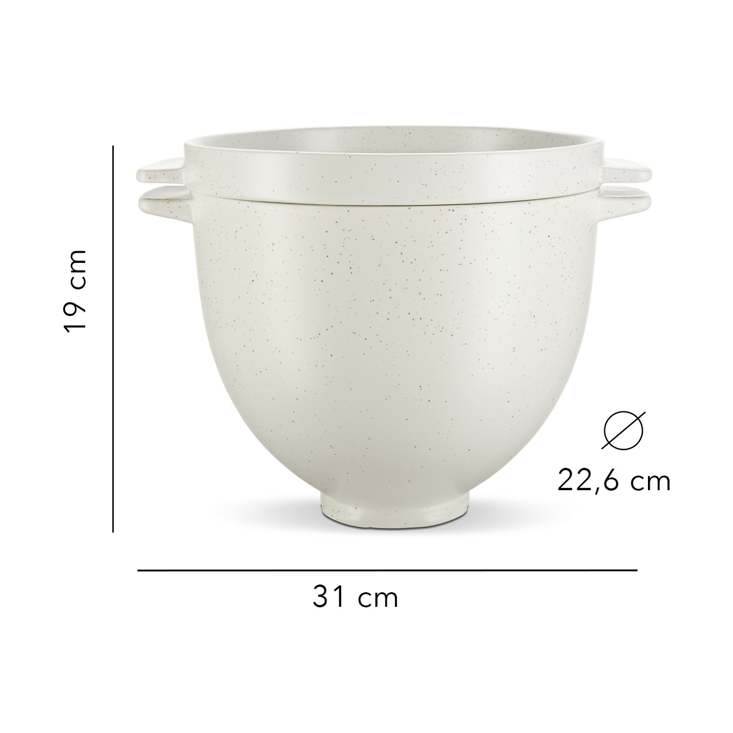 Una ciotola color crema macchiata con manici, dimensioni indicate: 19 cm di altezza, 31 cm di larghezza e 22,6 cm di diametro.