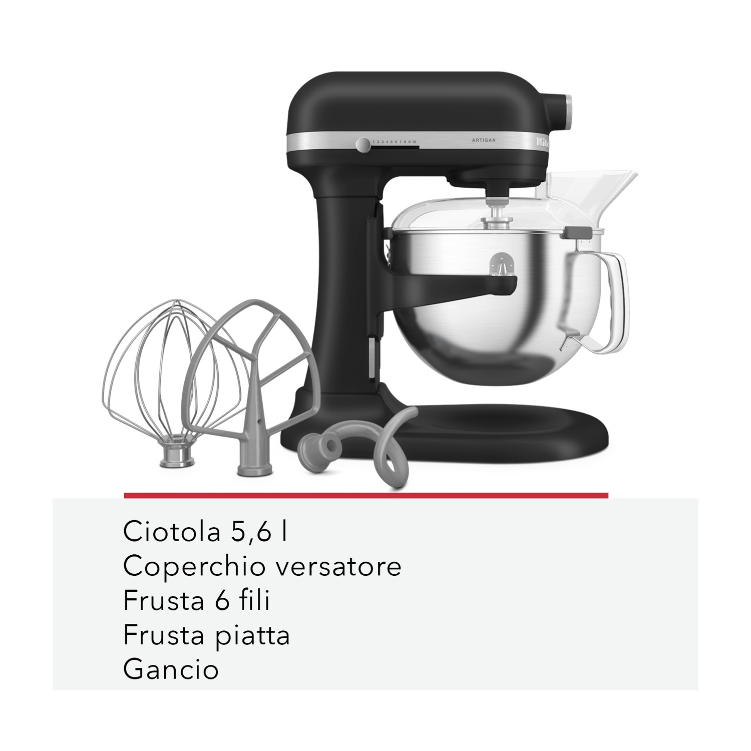 Un robot da cucina KitchenAid nero con una ciotola in acciaio inox e accessori. Include una frusta, una frusta piatta e un gancio impastatore.