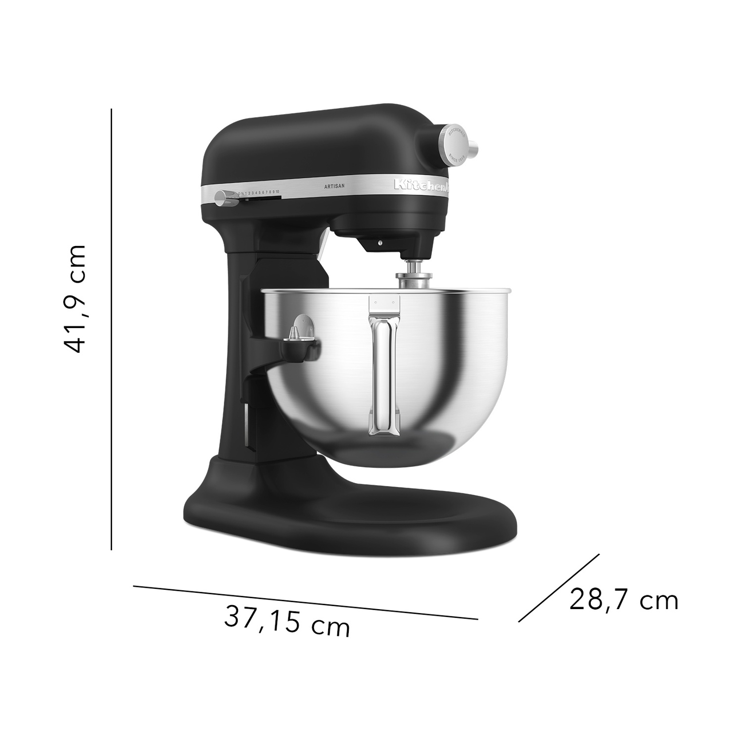 Un robot da cucina KitchenAid Artisan nero con una ciotola in acciaio inox. Le dimensioni sono: 41,9 cm di altezza, 37,15 cm di larghezza e 28,7 cm di profondità.