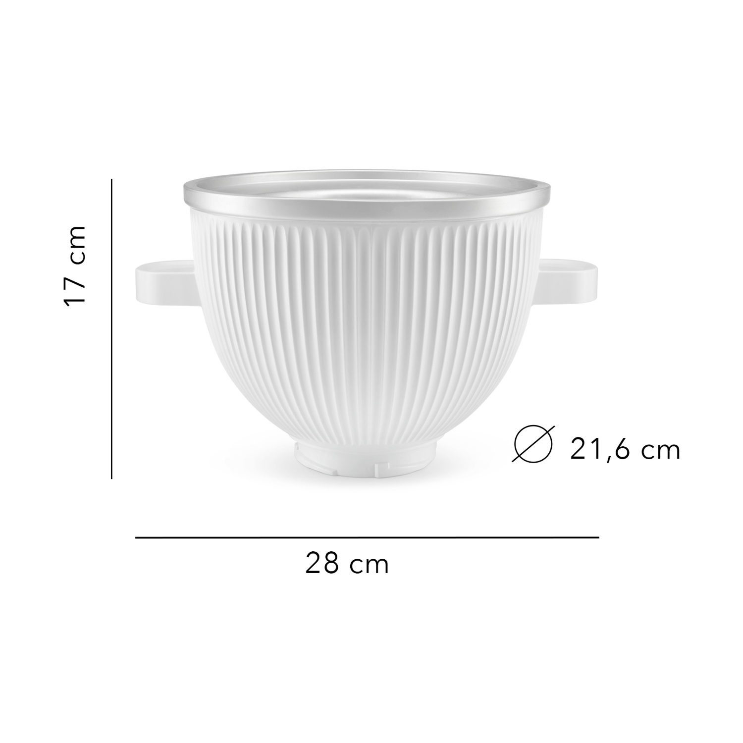 Ciotola bianca con dimensioni: 17 cm di altezza, 21,6 cm di diametro e 28 cm di larghezza. Ha manici e bordo argentato.