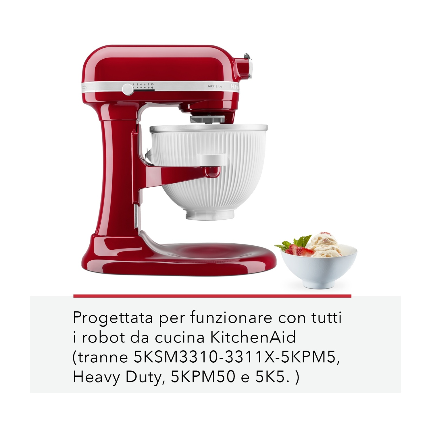 Un robot da cucina KitchenAid rosso con una ciotola bianca e una piccola ciotola di gelato e fragole. Testo sotto.