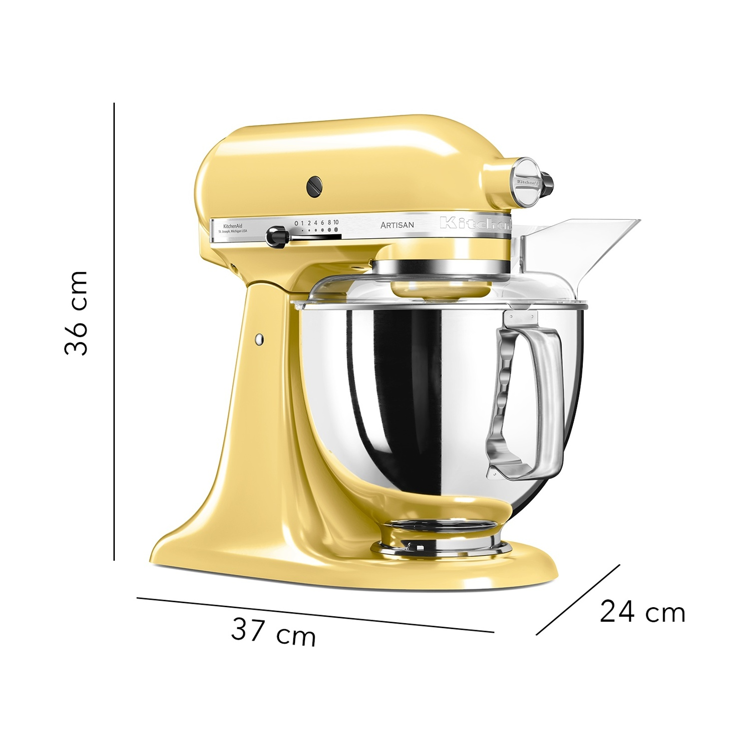 Un mixer a colonna KitchenAid giallo con una ciotola in acciaio inox. Dimensioni: 36 cm altezza, 37 cm lunghezza e 24 cm larghezza.