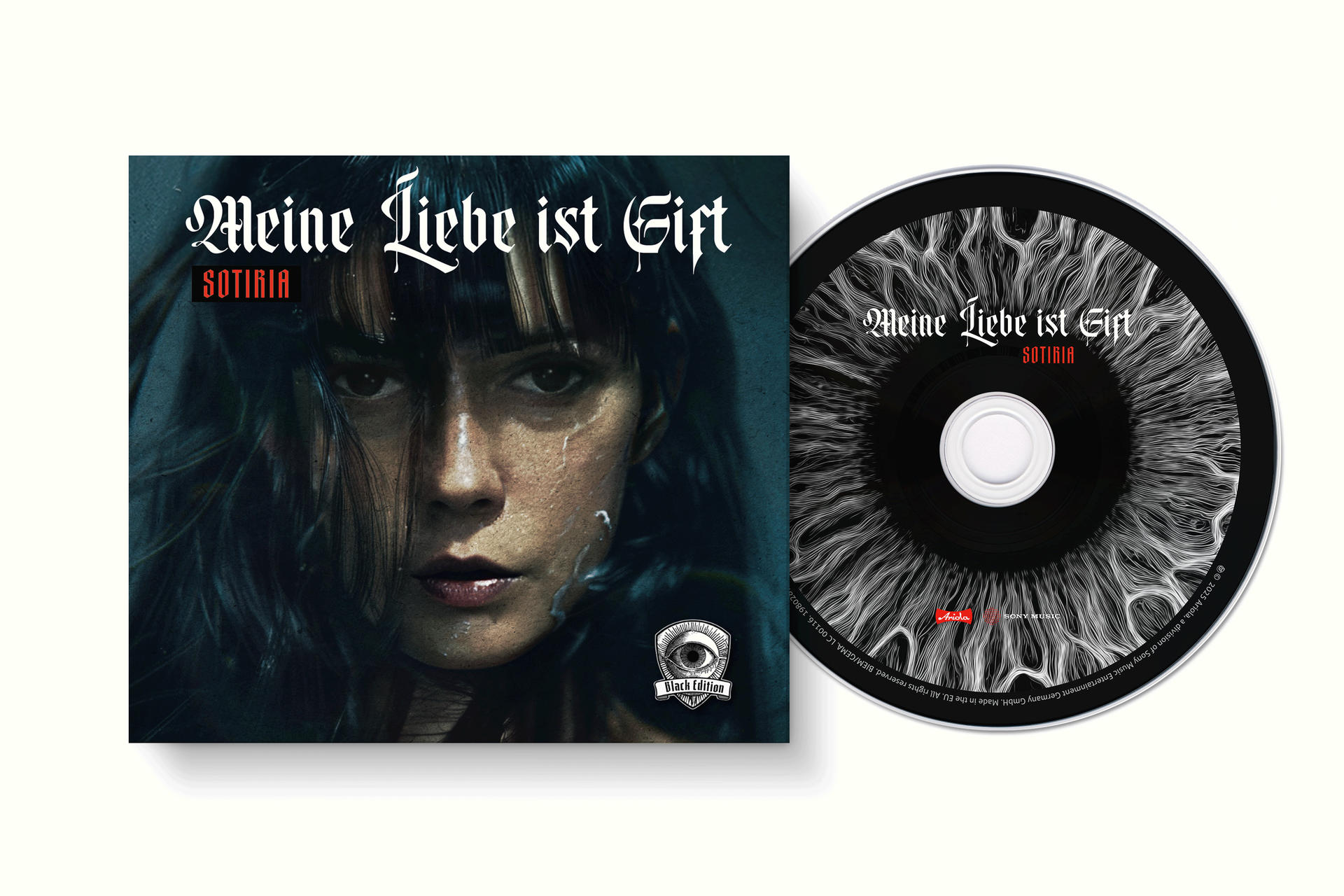 Albumcover mit Frauengesicht, Albumtitel 'Meine Liebe ist Gift' und CD. Die CD zeigt ein Augendesign.