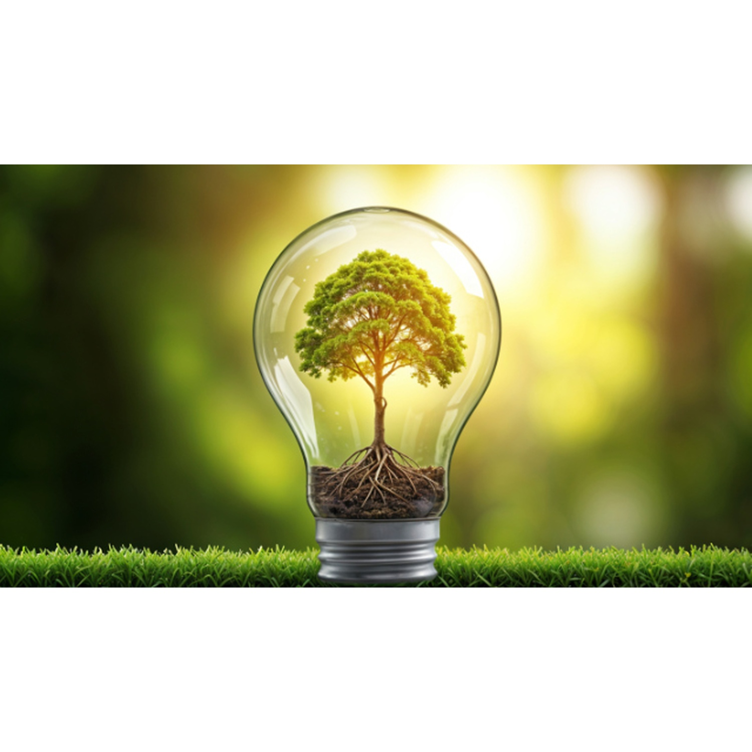 Un albero dentro una lampadina sull'erba, con uno sfondo verde sfocato e un effetto di luce solare intensa. L'albero ha radici.