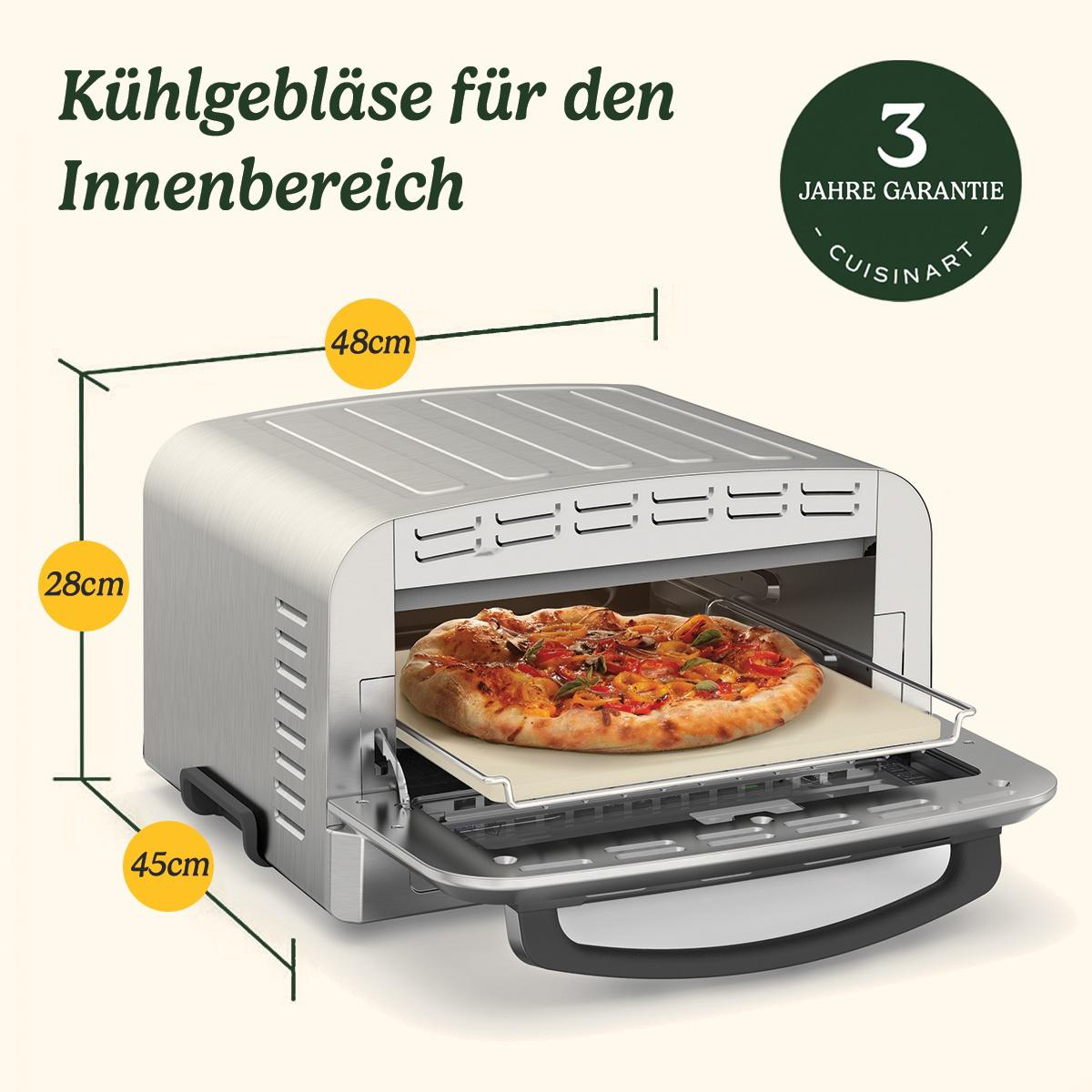 Ein silberner Cuisinart Pizzaofen mit einer Pizza im Inneren. Abmessungen sind angegeben. Ein grüner Kreis zeigt 3 Jahre Garantie.