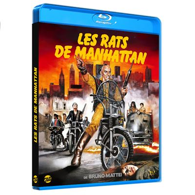 Blu-ray cover: Man op motor wijst omhoog. Anderen rijden op motorfietsen en een vrachtwagen. Titel: Les Rats de Manhattan.