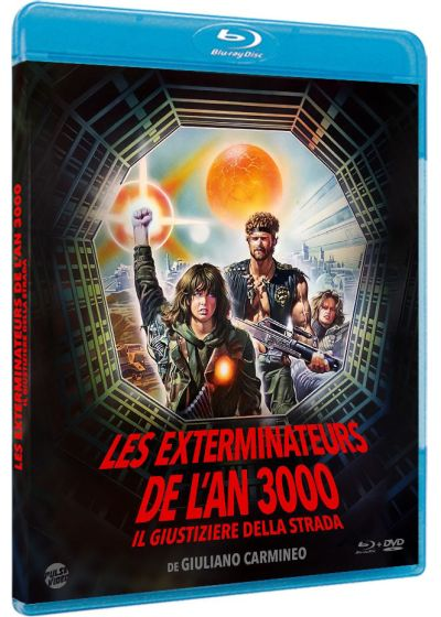 Blu-ray cover van 'Les Exterminateurs de l'An 3000'. Toont drie mensen met wapens, een futuristische stad en een rode planeet.