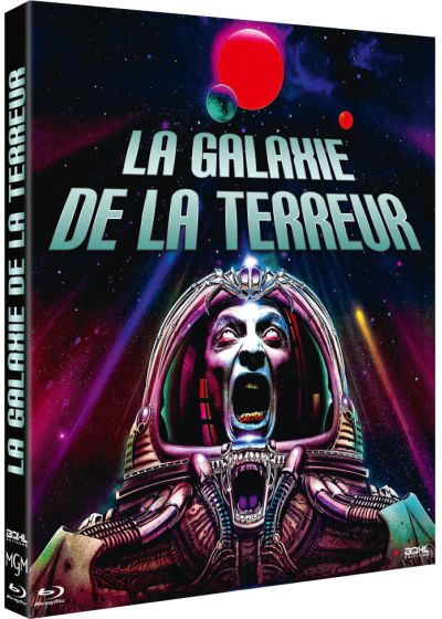 Couverture de film : extraterrestre hurlant dans un casque spatial, titre 'La Galaxie de la Terreur'. Planètes rouge et verte, fond cosmique.