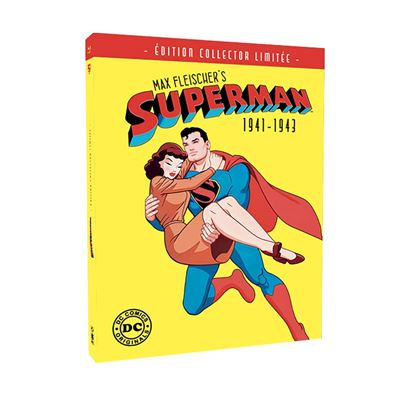Couverture de la bande dessinée Superman. Superman en costume bleu portant une femme. Fond jaune avec texte : Superman 1941-1943.