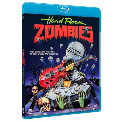Blu-ray cover van 'Hard Rock Zombies'. Een zombie houdt een gitaar boven een grafsteen. Schedels en een begraafplaats op de achtergrond.