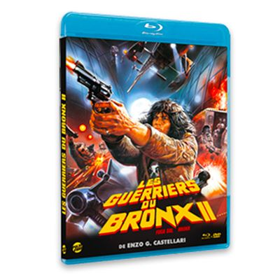 Filmaffiche. Een man met een pistool schiet. Titel: Les Guerriers Du Bronx II. Explosies en een vliegend object op de achtergrond.