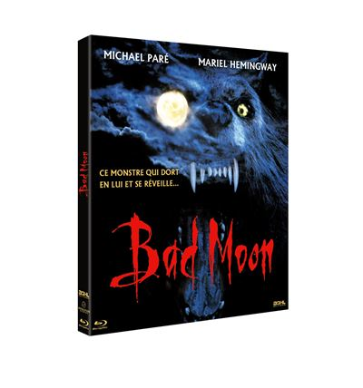 Filmcover 'Bad Moon' met een weerwolf, volle maan en tekst. Met Michael Pare en Mariel Hemingway.