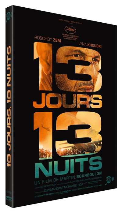 Couverture DVD pour "13 Jours, 13 Nuits". Comprend les visages d'acteurs, le titre et une scène de personnes et un avion.