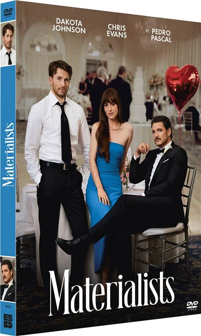 Filmposter: Dakota Johnson, Chris Evans en Pedro Pascal. Titel: Materialists. Een hartballon zweeft. Bruiloftscène op de achtergrond.