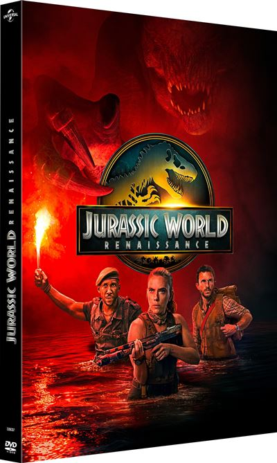 DVD-hoes van Jurassic World: Renaissance. Drie mensen in het water, met een dinosaurus en logo. Rode achtergrond met de titel van de film.
