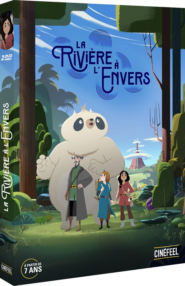 DVD-hoes van 'La Rivière à l'Envers'. Cartoonfiguren met een luiaard, groene achtergrond en een toren.