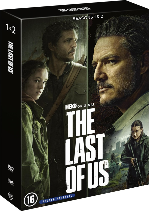 DVD-hoes van The Last of Us. Met Joel en Ellie. HBO-logo. Seizoenen 1 & 2. Classificatie 16.