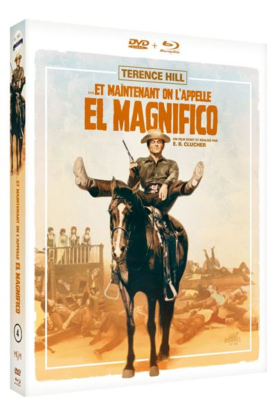 DVD-hoes: Terence Hill op een paard, met een pistool, met de voeten omhoog. Titel: El Magnifico. Achtergrond: mensen op de grond, een balkon met vrouwen.