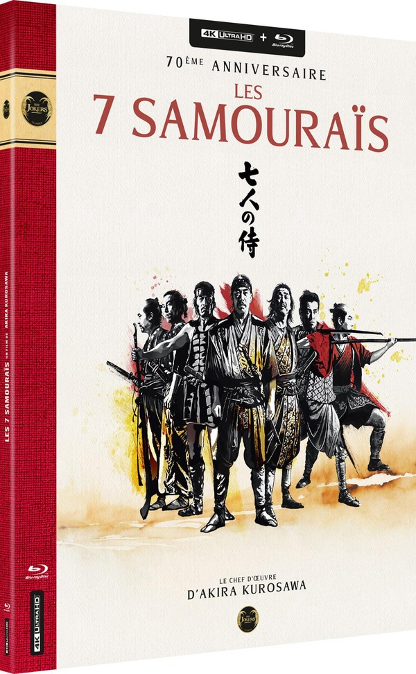 Movie cover: '7 Samurai'. Seven samurai stand ready. Text in French and Japanese. Blu-ray and 4K Ultra HD logos are present.