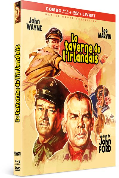 Couverture de film : John Wayne, Lee Marvin et d'autres. Le titre est 'La taverne de l'Irlandais'. Présente un homme en uniforme et une femme en jupe.