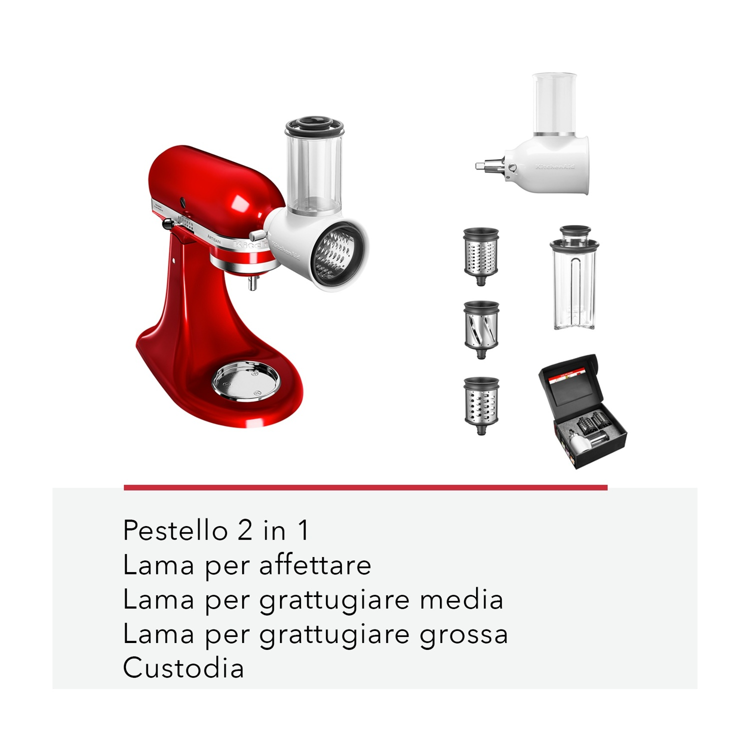 Un robot da cucina KitchenAid rosso con accessorio grattugia, lame e custodia, su sfondo bianco.