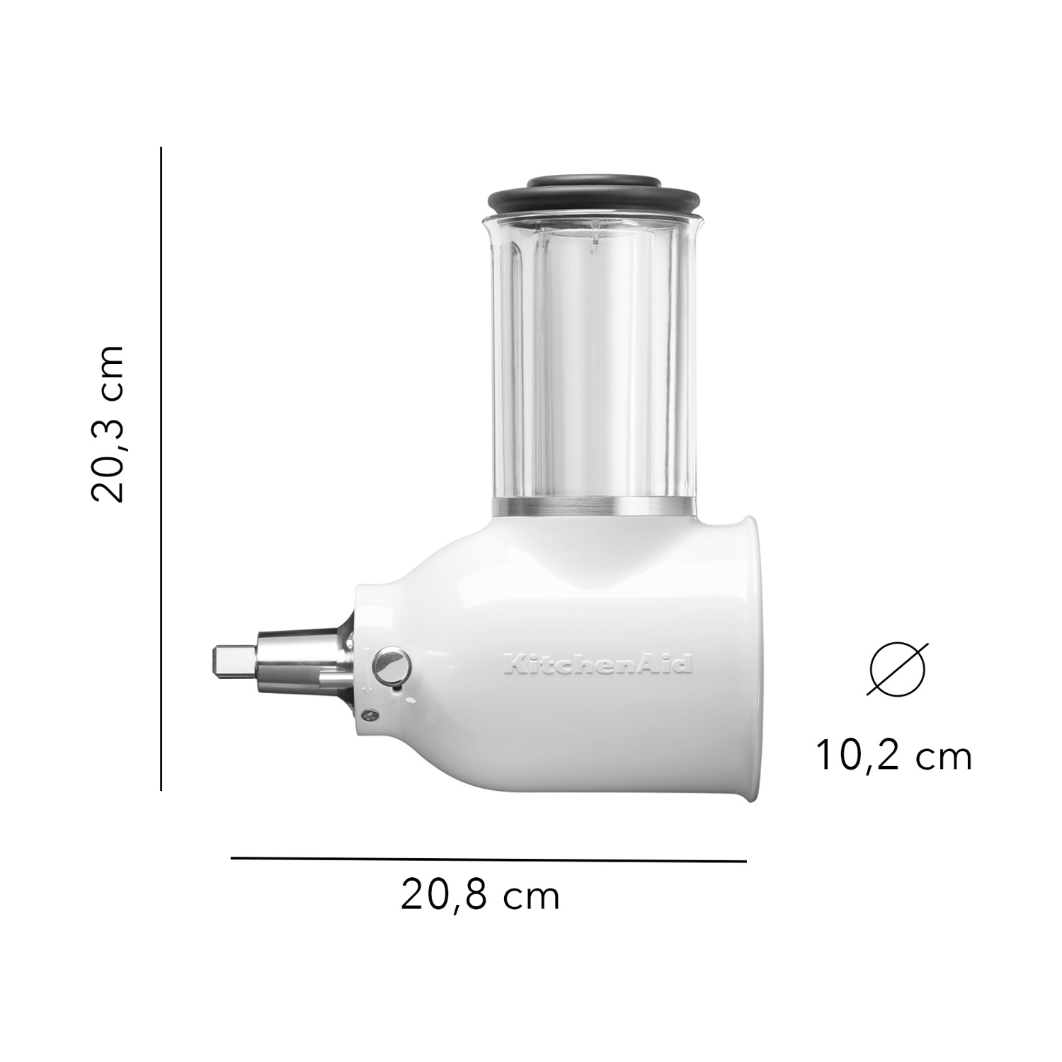 Accessorio bianco KitchenAid per robot da cucina con dimensioni. Parte superiore cilindrica trasparente, anello nero, base bianca e parti argentate.