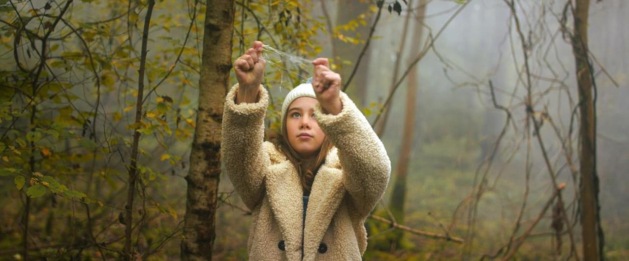 Ein junges Mädchen in Mantel und Mütze hält ein Spinnennetz in einem Wald. Der Hintergrund ist eine verschwommene Mischung aus Bäumen und Nebel.