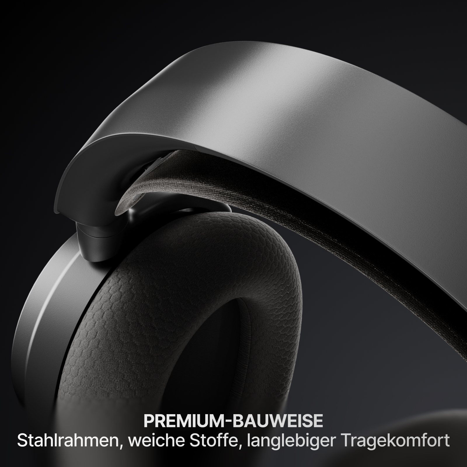 Nahaufnahme eines schwarzen Headsets. Die Ohrmuschel ist sichtbar, mit strukturierter Polsterung. Der Kopfbügel wölbt sich darüber.