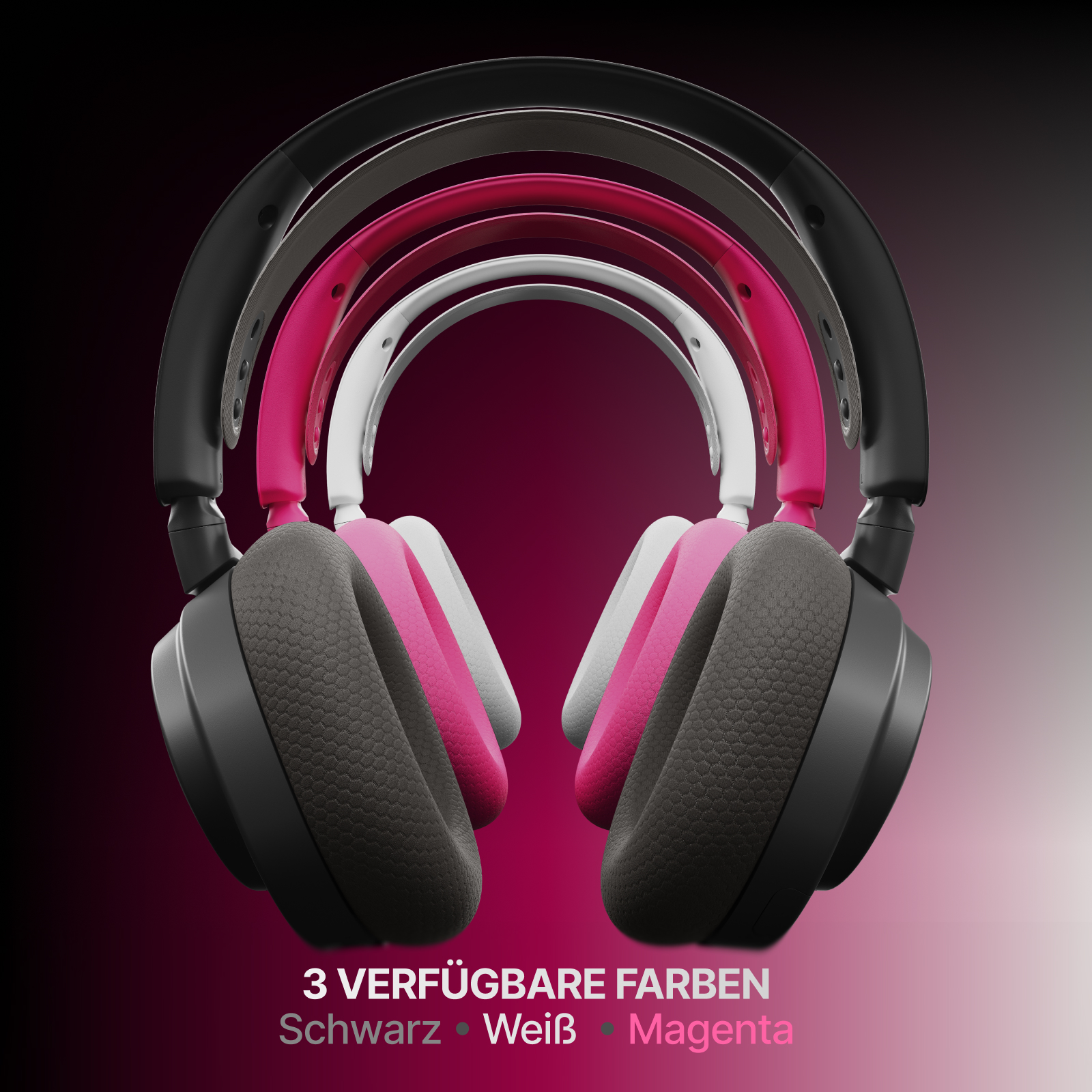 Drei Kopfhörer, schwarz, weiß und magenta, sind gestapelt. Text: '3 verfügbare Farben: schwarz, weiß, magenta' auf dunklem Hintergrund.