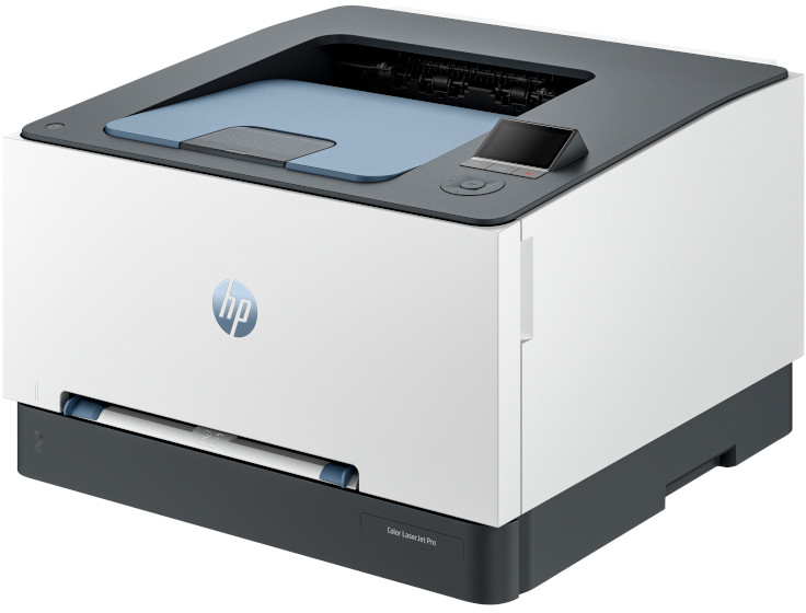 Egy HP Color LaserJet Pro nyomtató. Fehér test, sötétszürke tetővel és alappal. Kis képernyővel és HP logóval.