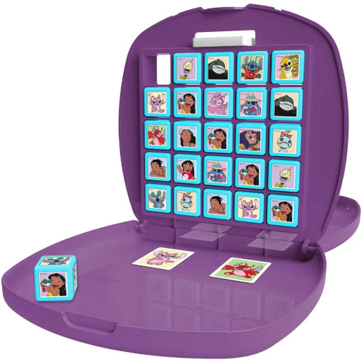 Fioletowa gra Guess Who z postaciami z Lilo & Stitch. Zawiera kostkę i karty. Gra jest otwarta, pokazując karty postaci.