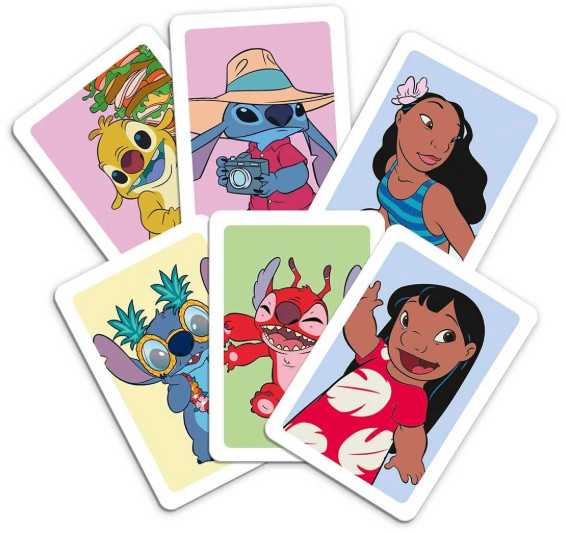 Karty z postaciami Lilo & Stitch. Stitch w okularach przeciwsłonecznych, aparacie i kapeluszu. Lilo macha. Inne postacie również na kartach.