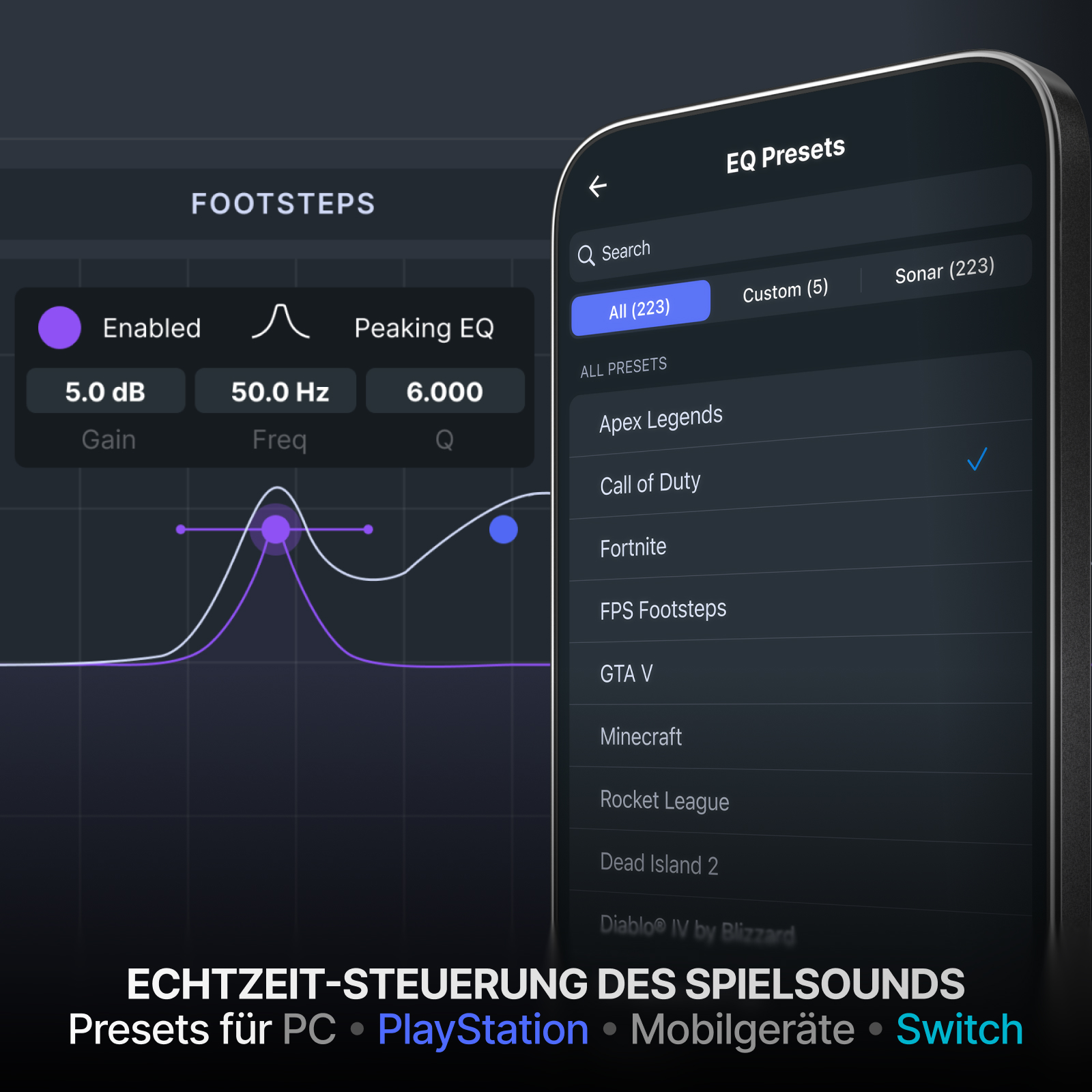Eine mobile App-Oberfläche zeigt EQ-Voreinstellungen für Spiele. Ein Diagramm zeigt Klanganpassungen. Die App enthält spielspezifische Voreinstellungen.