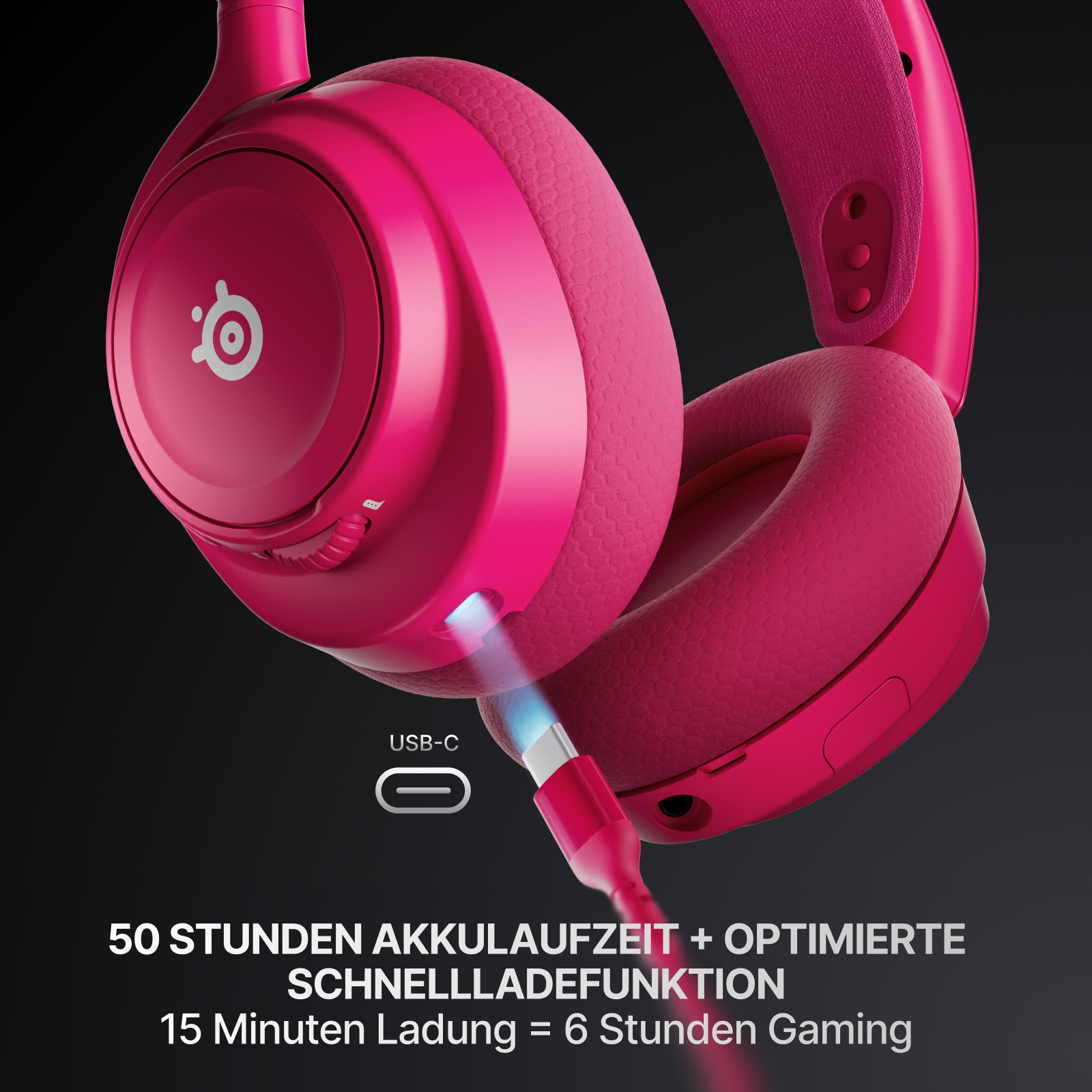 Rosa Kopfhörer mit USB-C-Kabel. Text hebt lange Akkulaufzeit und schnelles Laden hervor.