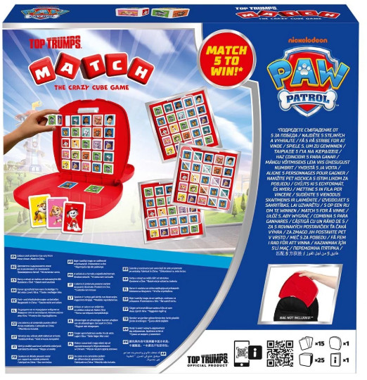 Pudełko z grą Paw Patrol Top Trumps Match. Czerwona plansza z kartami i kostkami.