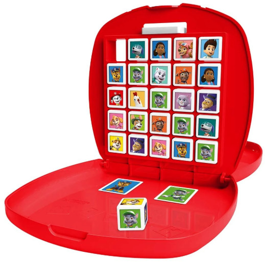 Czerwona gra Paw Patrol Zgadnij Kto to?. Zawiera karty postaci i kostkę. Gra jest otwarta i gotowa do gry, pokazując twarze postaci.