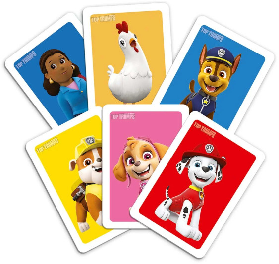 Karty Top Trumps z postaciami z kreskówek: kobieta, kurczak, Chase, Rubble, Skye i Marshall, każdy na kolorowym tle.