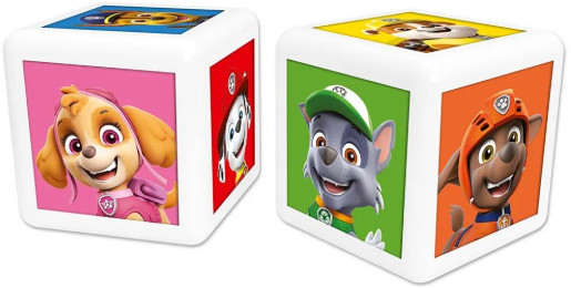 Dwie białe kostki z postaciami z Psiego Patrolu. Każda strona przedstawia inną postać. Kolory to różowy, czerwony, zielony i pomarańczowy.