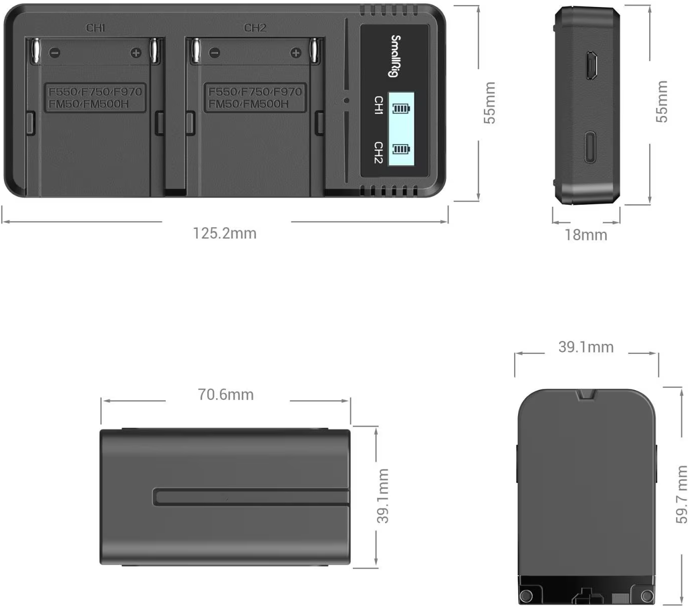 Diagramme d'un chargeur de batterie SmallRig et d'une batterie. Affiche les dimensions et les étiquettes pour le chargeur et les modèles de batterie.