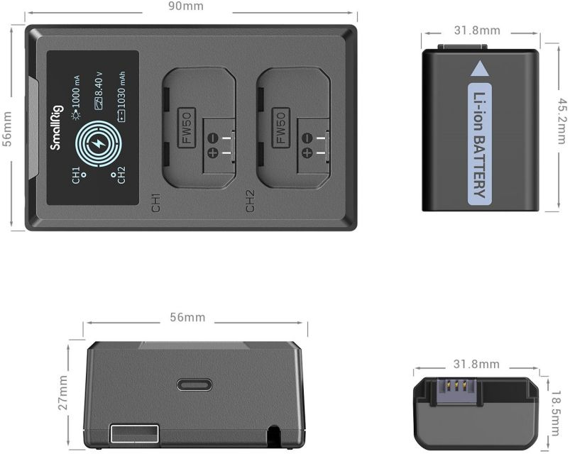 L'image montre un chargeur de batterie, une batterie et leurs dimensions. Le chargeur a deux emplacements, la batterie est étiquetée 'Li-ion Battery'.