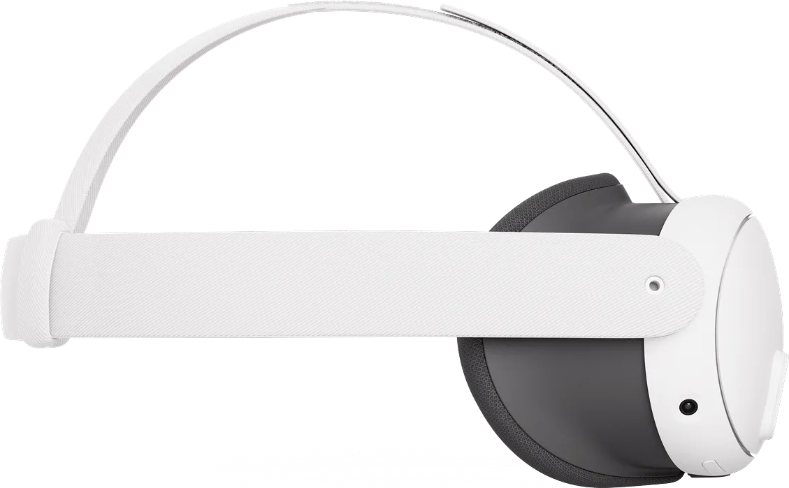 Un visore VR bianco e grigio è mostrato di profilo. Il cinturino e la piastra frontale sono bianchi, il retro è grigio.
